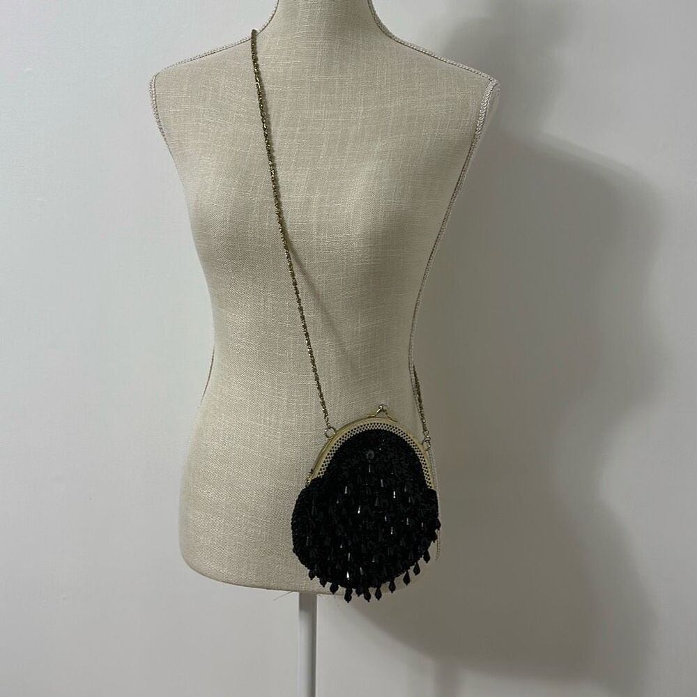 Vintage Black Fringe Sequin Purse Clutch Crossbody Evening Bag - Picture 10 of 11